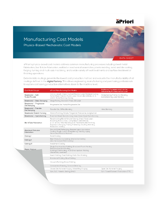 Manufacturing Cost Models Datasheet