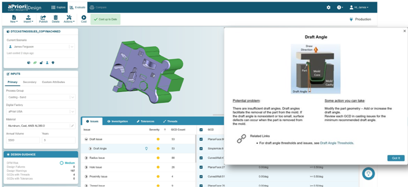 aPriori 22.1 User Interface