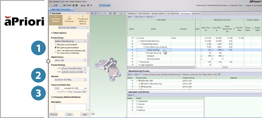 aPriori screenshot of breakeven analysis for additive manufacturing