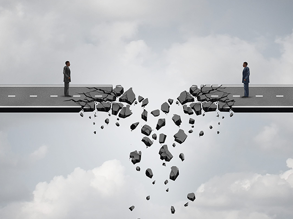 a road collapsing in the middle symbolizes the common rift between manufacturing suppliers and vendors