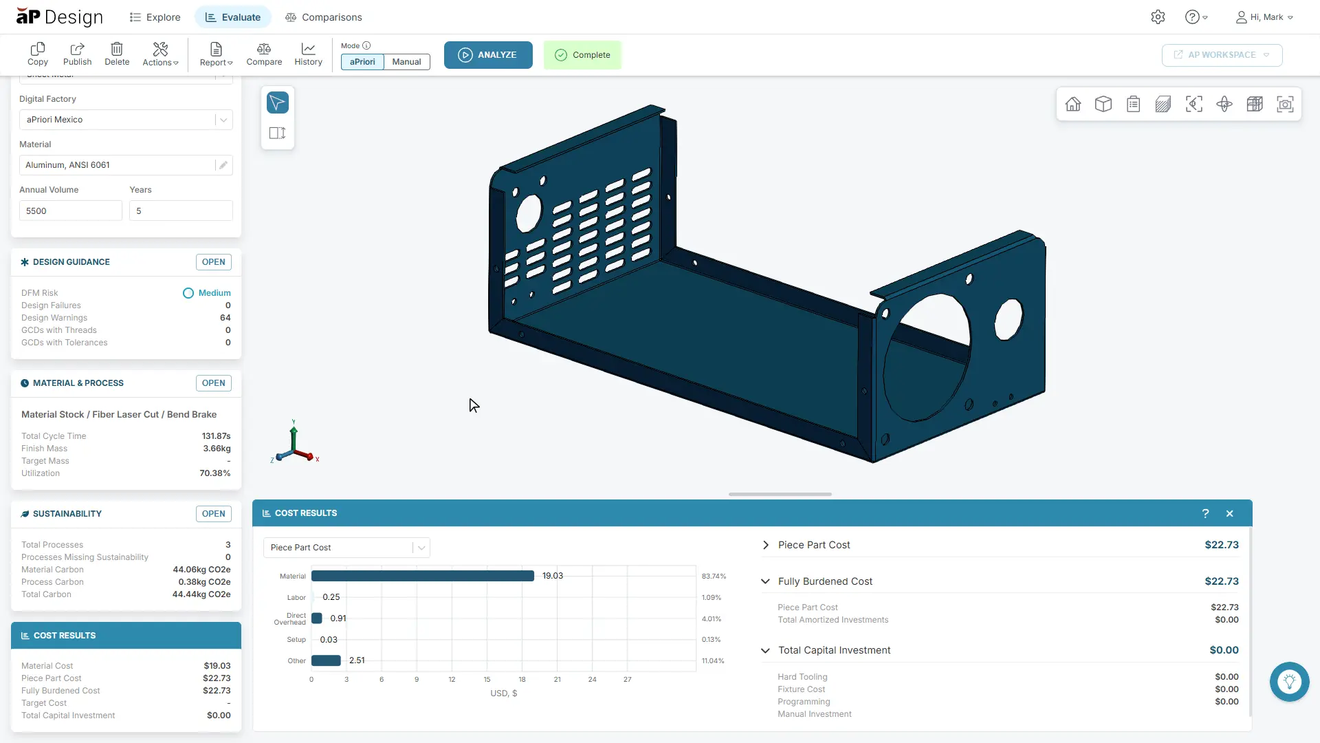 Screenshot of aPriori cost analysis in aP Design