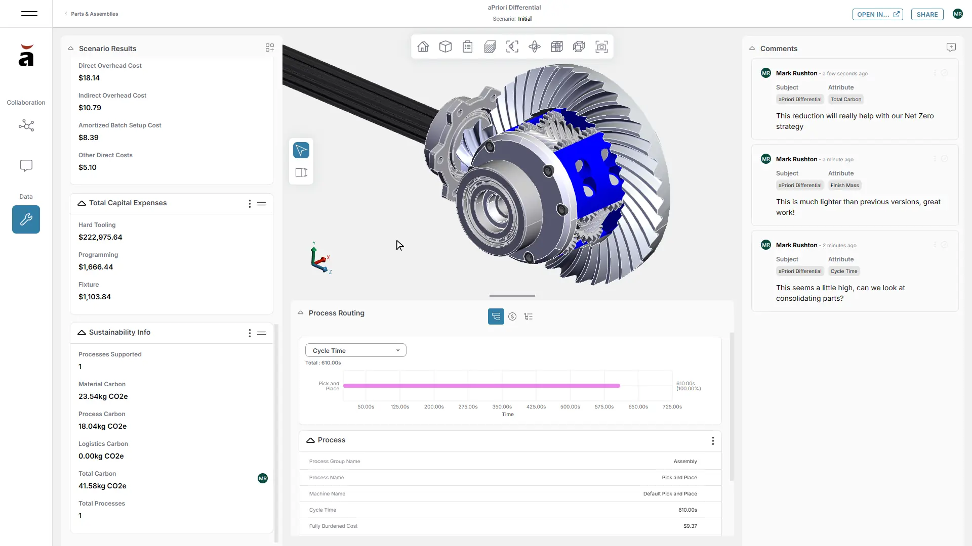 Screenshot of aPriori collaboration tools in aP Workspace