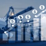 Procurement cost chart with world map and shipping equipment in the background