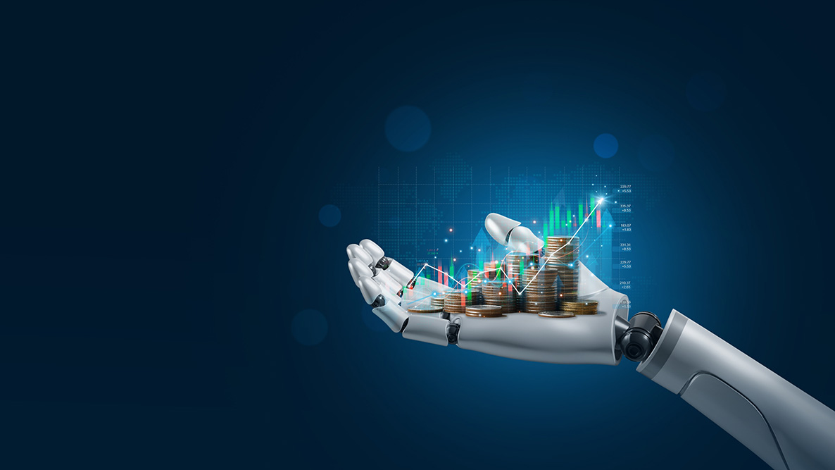 Robotic hand with coins in its palm with a cost graph superimposed over the coins