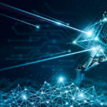 Robot hand holding AI blockchain technology