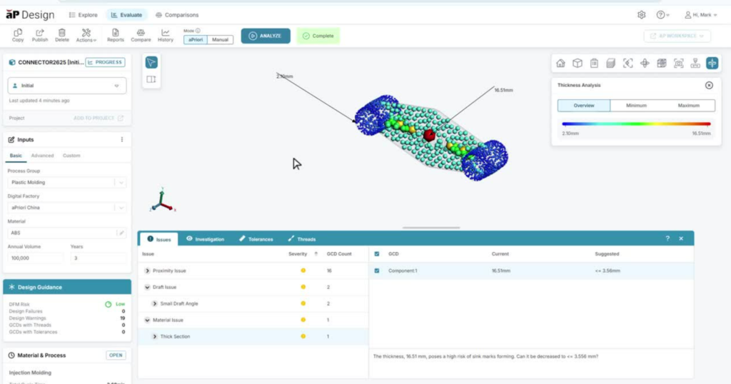 a screenshot of design guidance for thickness analysis using aP Design