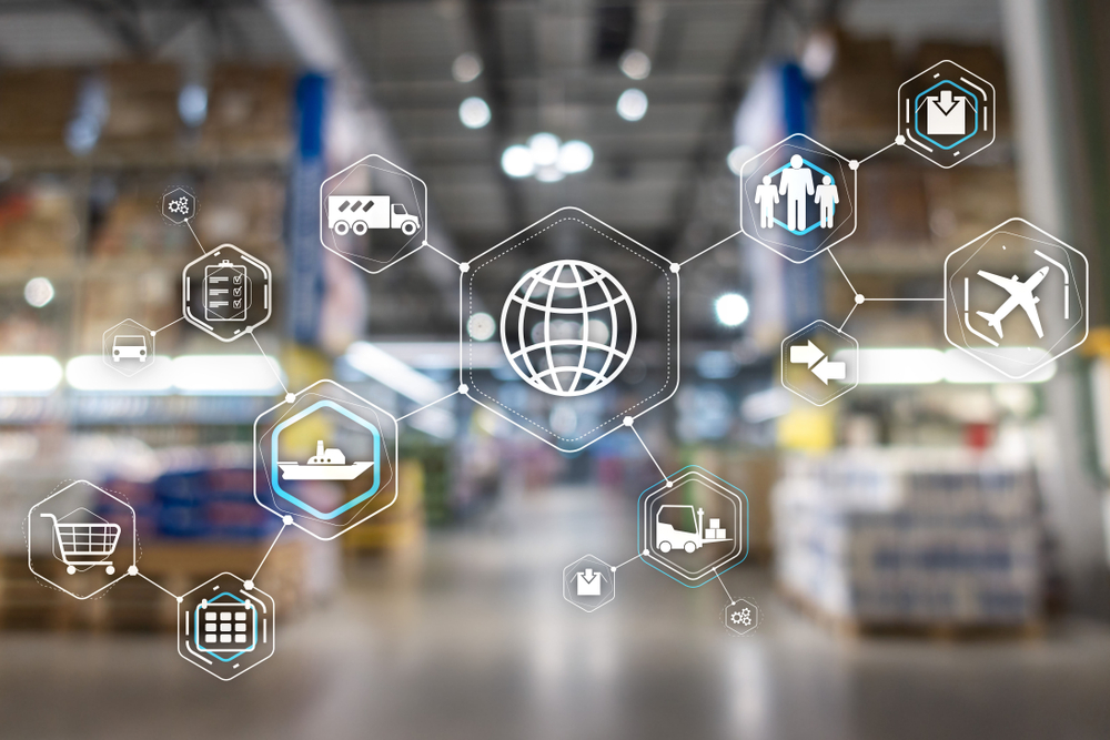 supply chain icons superimposed over an interior photo of a warehouse