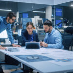 Engineers: Two men and a woman sitting at a table in an office discussing a design in front of a laptop
