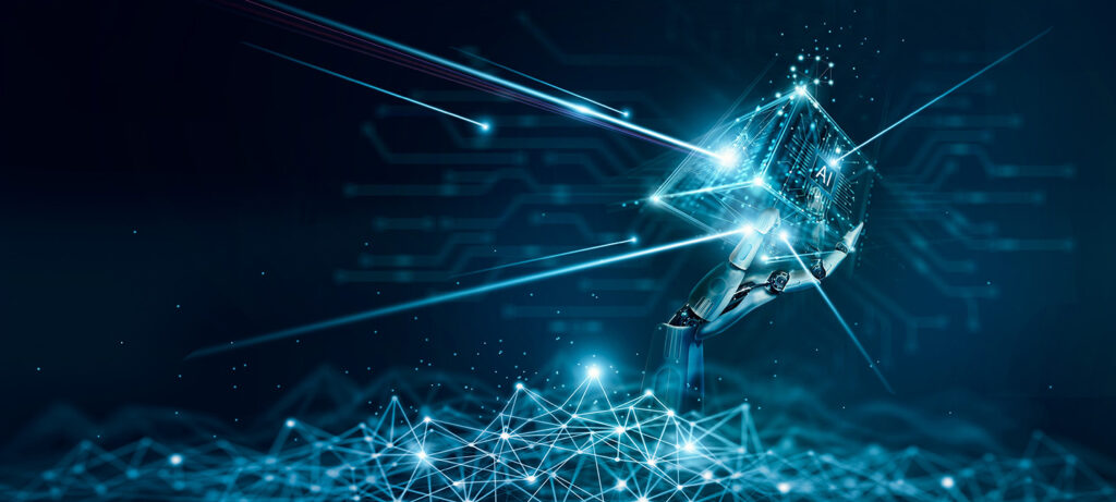 AI blockchain being held by a robotic hand