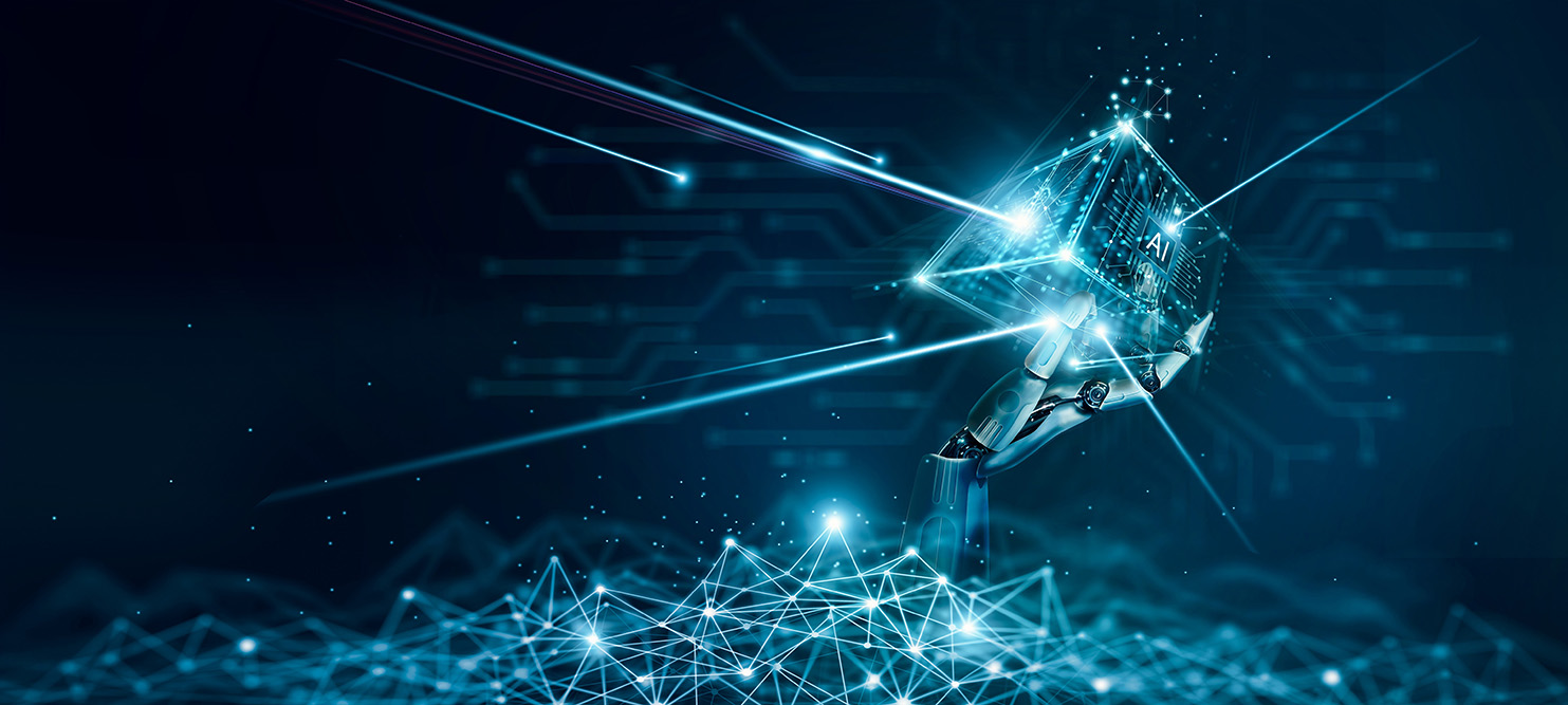 AI blockchain being held by a robotic hand