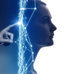 A hand touches a glowing network of connected points beside a woman's profile, representing DFM AI.