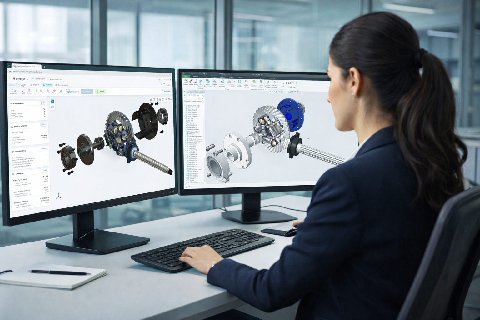An engineer designs for cost by checking part costs next to a 3D assembly on two screens.